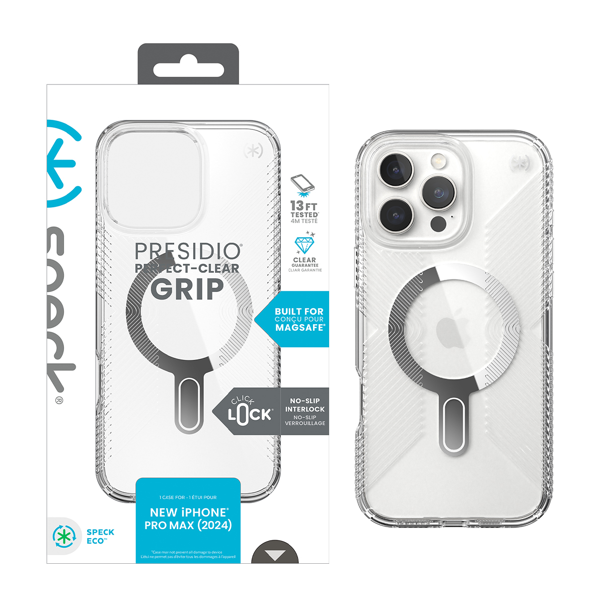 Picture of Speck Apple iPhone 16 Pro Max PRESIDIO PERFECT CLEAR GRIP + CL CLEAR/CLEAR/CHROME FINISH/SERENE SILVER