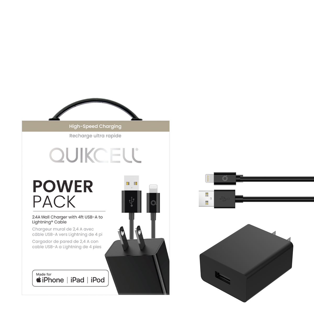 Picture of Quikcell POWER PACK 2.4A Wall Charger + 4ft USB-A to Lightning (MFi) Cable - Black