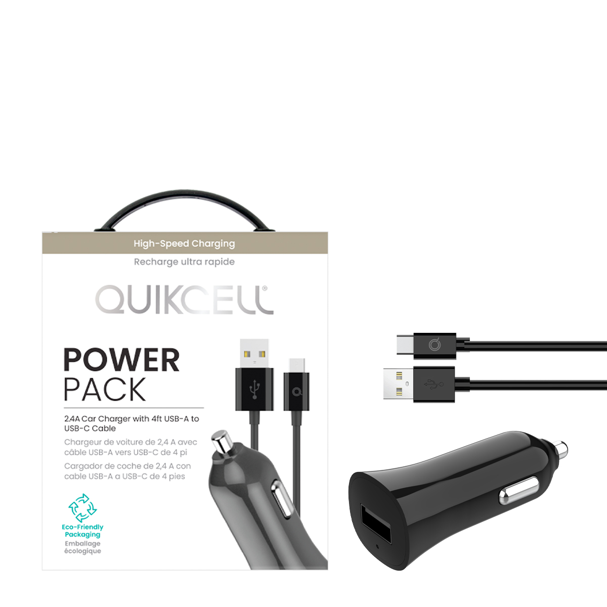 Picture of Quikcell POWER PACK 2.4A Car Charger + 4ft USB-A to USB-C Cable - Black
