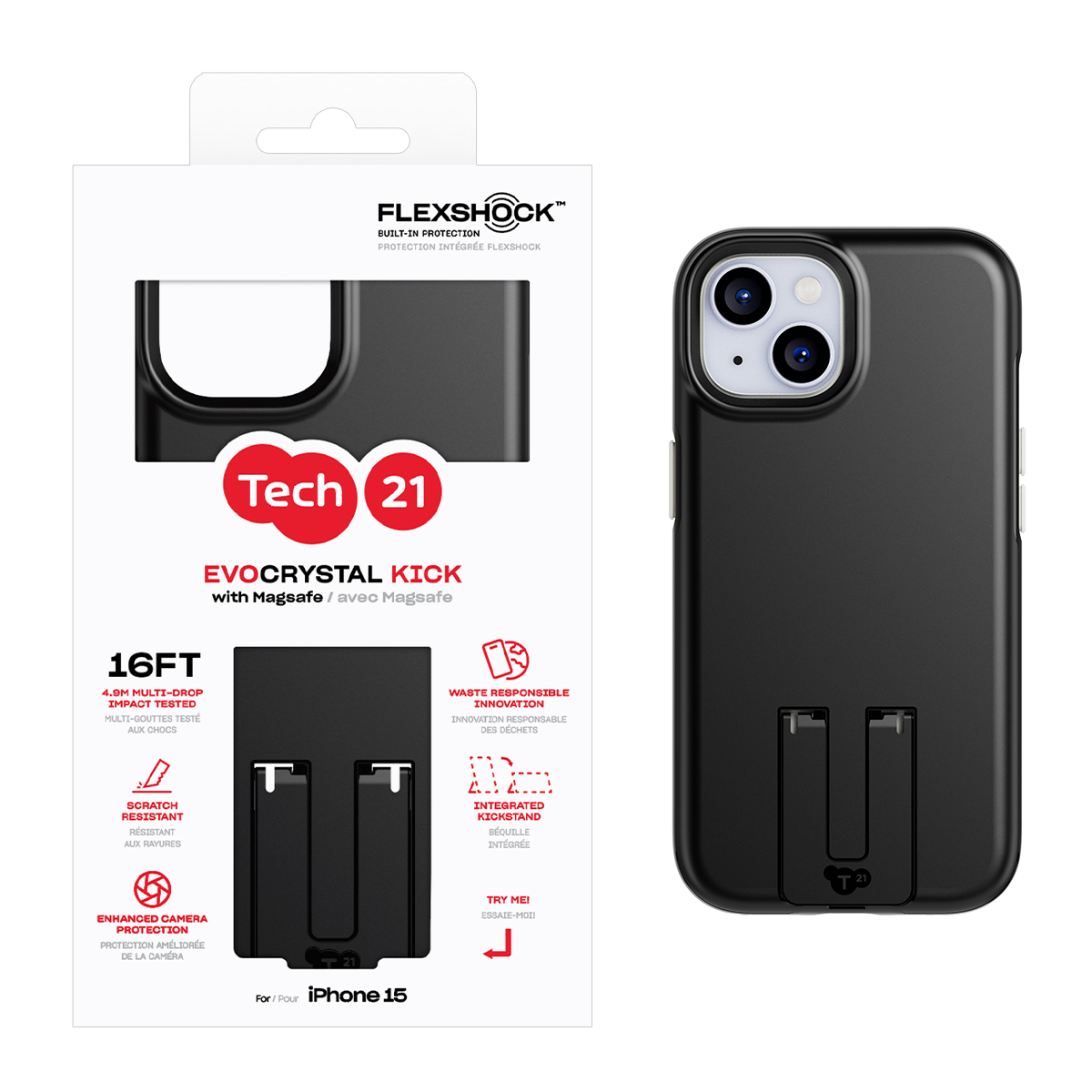 Picture of Tech21 EvoCrystal Kick w/MagSafe for iPhone 15 - Obsidian Black