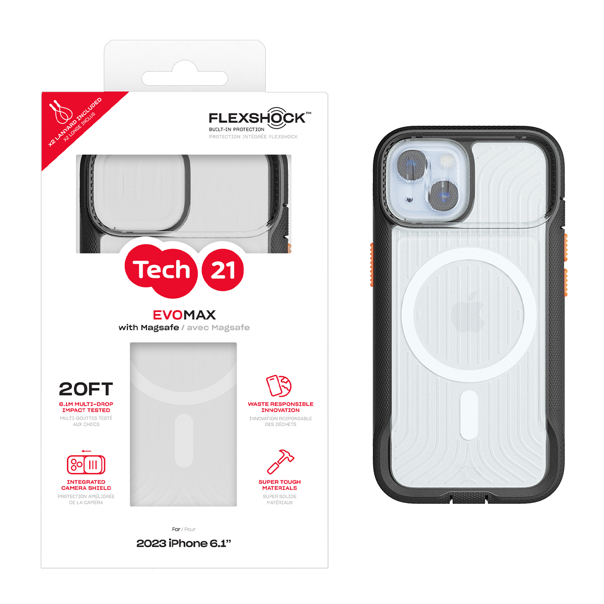 Picture of Tech21 EvoMax w/MagSafe for iPhone 15 - Active Black (w/Lanyard)