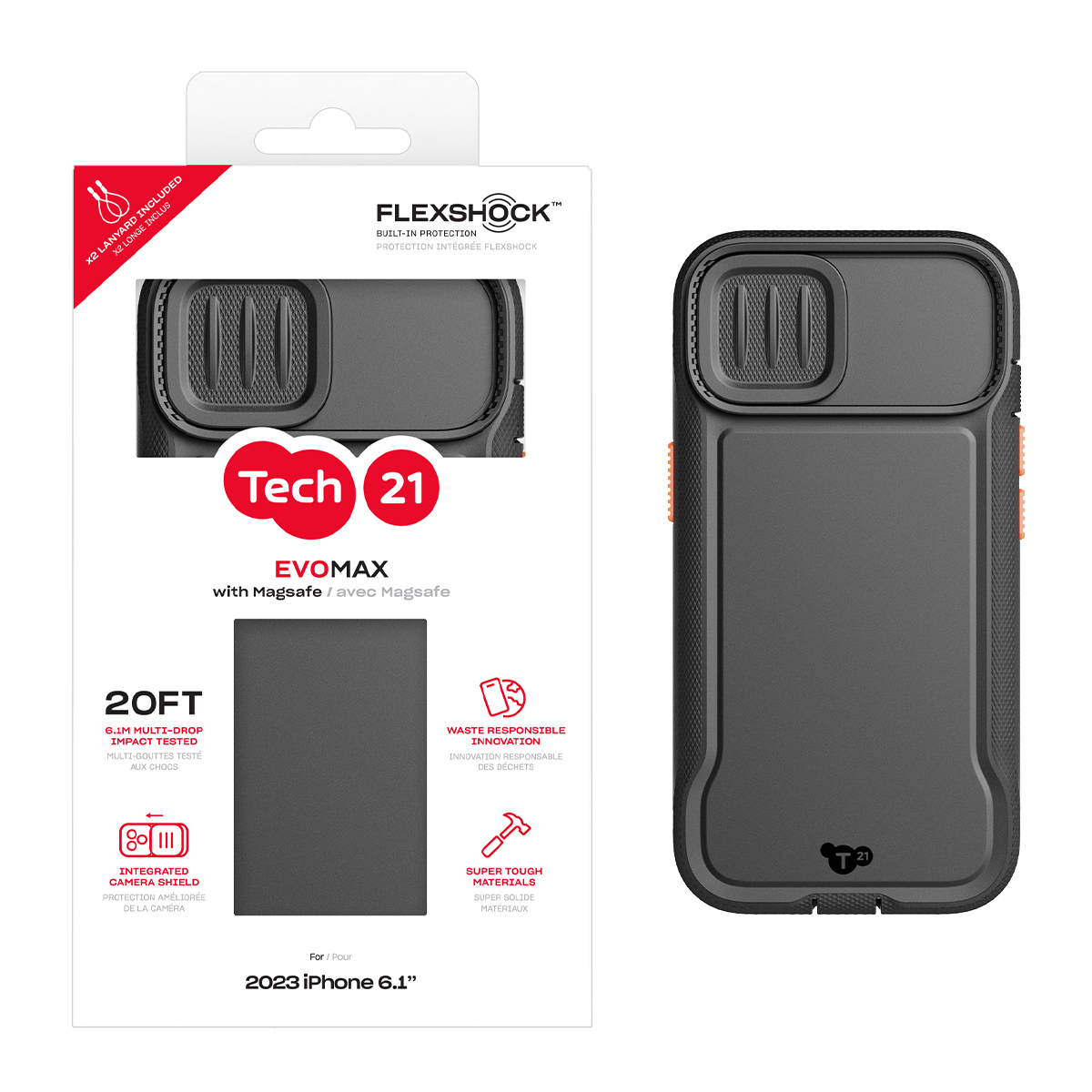 Picture of Tech21 EvoMax w/MagSafe for iPhone 15 - Black (w/Lanyard)