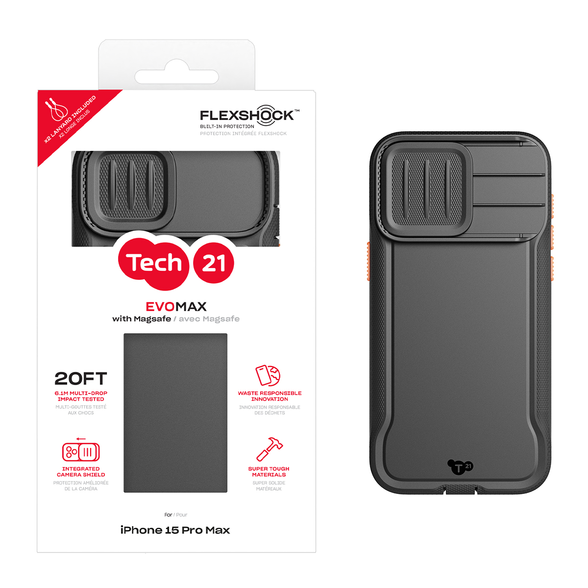 Picture of Tech21 EvoMax w/MagSafe for iPhone 15 Pro Max - Black (w/Lanyard)