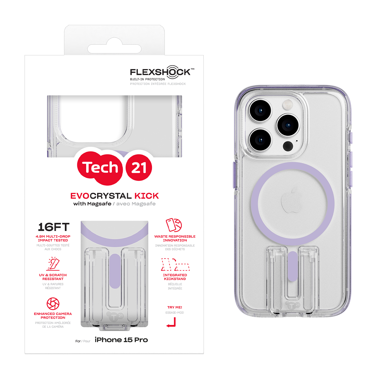 Picture of Tech21 EvoCrystal Kick w/MagSafe for iPhone 15 Pro - Lilac