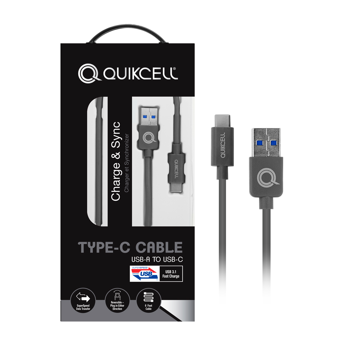 Picture of QUIKCELL TYPE-C CABLE USB 3.1 FAST CHARGE USA-A TO USB-C 6 FT GRAY