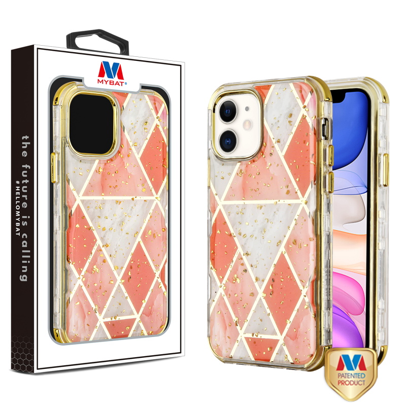 Picture of MyBat TUFF Kleer Hybrid Case for Apple iPhone 11 - Electroplated Pink Marble / Electroplating Gold