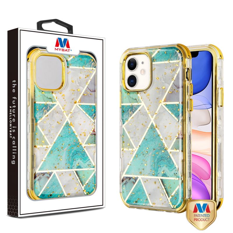 Picture of MyBat TUFF Kleer Hybrid Case for Apple iPhone 11 - Electroplated Green Marble / Electroplating Gold
