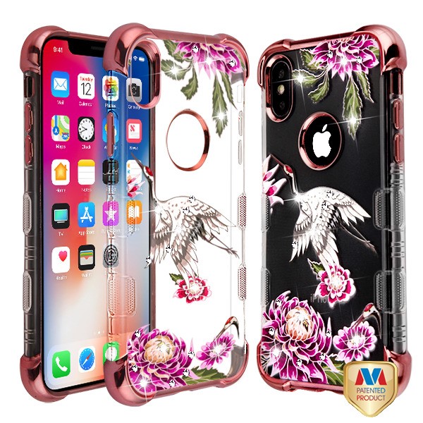 Picture of MyBat Diamante TUFF Klarity Lux Candy Skin Cover for Apple iPhone XS/X - Rose Gold Plating / Crane