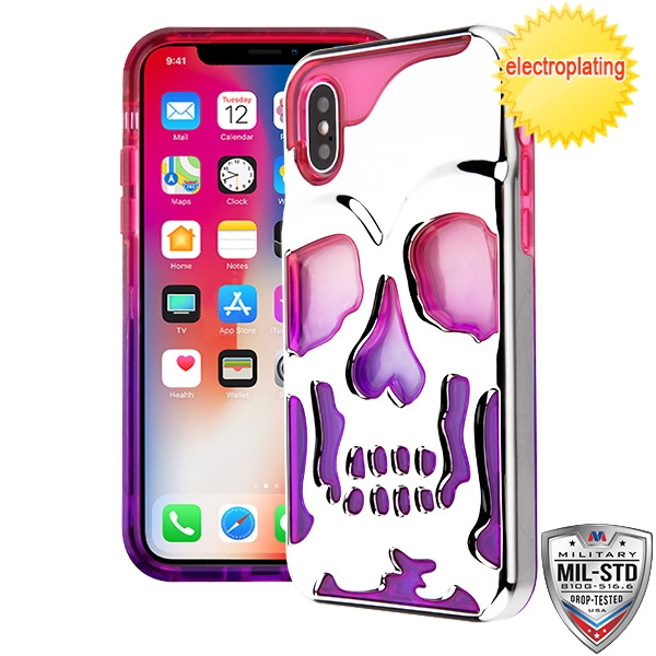 Picture of MyBat SKULLCAP Lucid Hybrid Protector Cover [Military-Grade Certified] for Apple iPhone XS/X - Silver Plating / Hot Pink / Purple