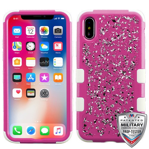 Picture of MyBat TUFF Krystal Gel Hybrid Protector Cover [Military-Grade Certified] for Apple iPhone XS/X - Silver Flakes (Natural Hot Pink) / Solid White