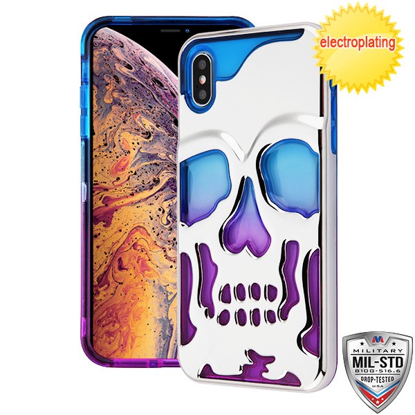 Picture of MyBat SKULLCAP Lucid Hybrid Protector Cover [Military-Grade Certified] for Apple iPhone XS Max - Silver Plating / Blue / Purple
