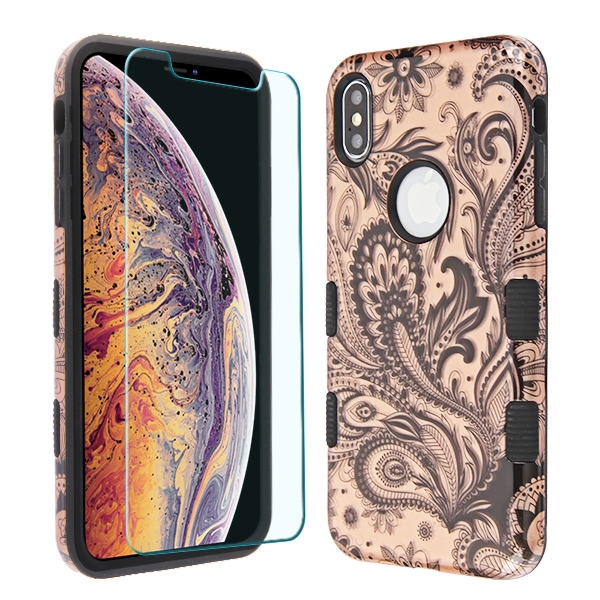 Picture of MyBat TUFF Lyte Hybrid Protector Cover (Tempered Glass Screen Protector) for Apple iPhone XS Max - Phoenix Flower (2D Rose Gold) / Black