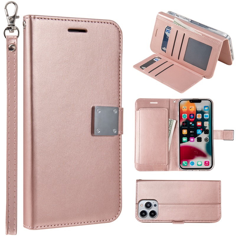 Picture of FOR IPHONE 15 PRO (6.1") DESIGNX SERIES LEATHER WALLET PHONE CASE WITH 6 CARD SLOTS, CASH SLOT AND LANYARD - ROSE GOLD