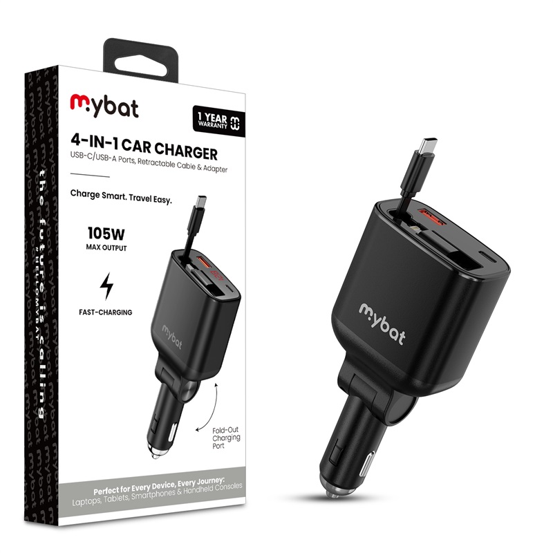 Picture of MyBat 4-in-1 Car Charger with USB-C Cable (105W) - Black