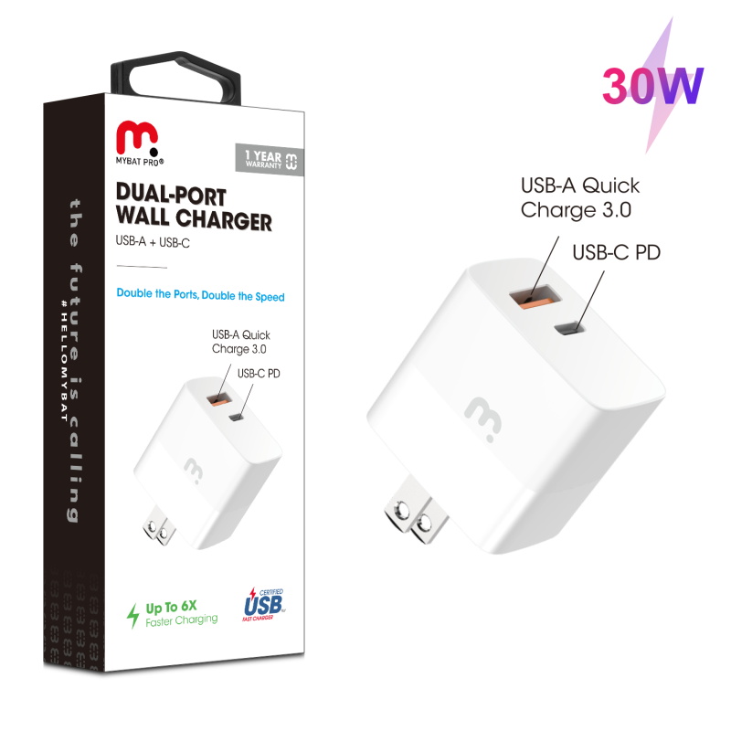 Picture of MyBat Pro Dual Port Fast Charging Power Delivery Wall Charger (30W) - White