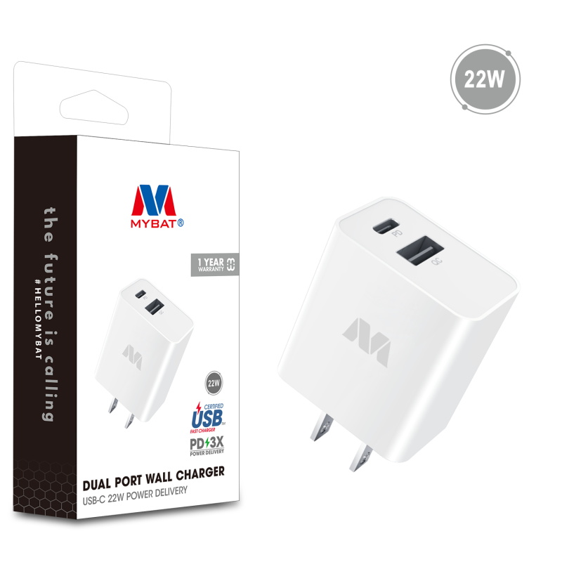 Picture of MyBat Dual Port Wall Charger (USB-A + USB-C 22W Power Delivery) - White