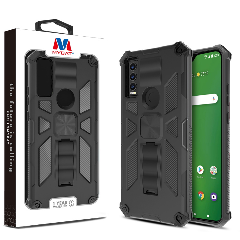 Picture of MyBat Sturdy Hybrid Protector Cover (with Stand) for Cricket Ovation 3 / At&t Motivate Max - Black / Black