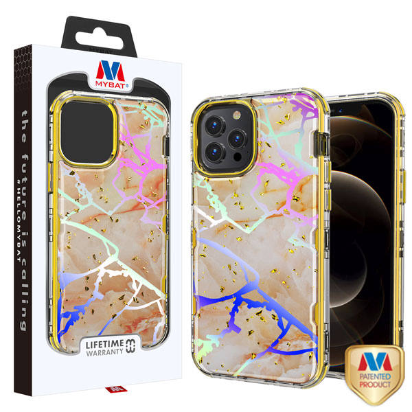 Picture of MyBat TUFF Kleer Hybrid Case for Apple iPhone 12 Pro Max (6.7) - Pale Yellow Marbling / Electroplating Gold