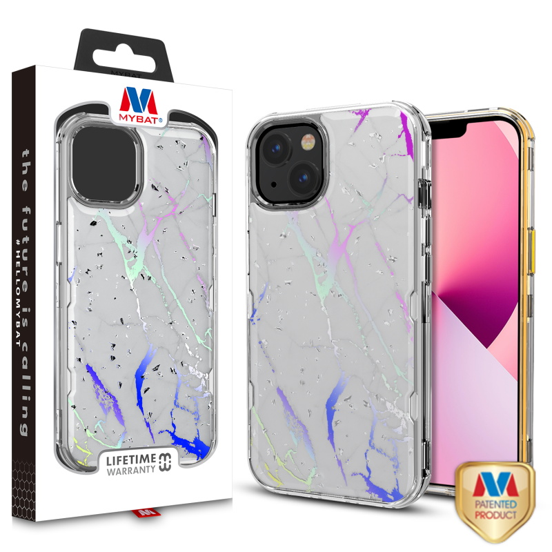 Picture of MyBat TUFF Kleer Hybrid Case for Apple iPhone 13 (6.1) - White Marbling / Electroplating Silver