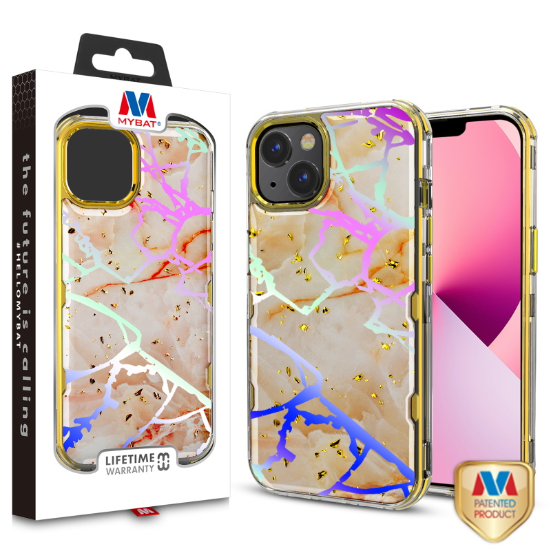 Picture of MyBat TUFF Kleer Hybrid Case for Apple iPhone 13 (6.1) - Pale Yellow Marbling / Electroplating Gold