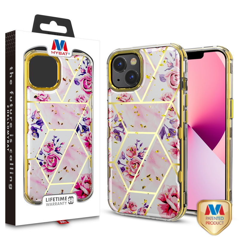 Picture of MyBat TUFF Kleer Hybrid Case for Apple iPhone 13 (6.1) - Electroplated Roses Marble / Electroplating Gold