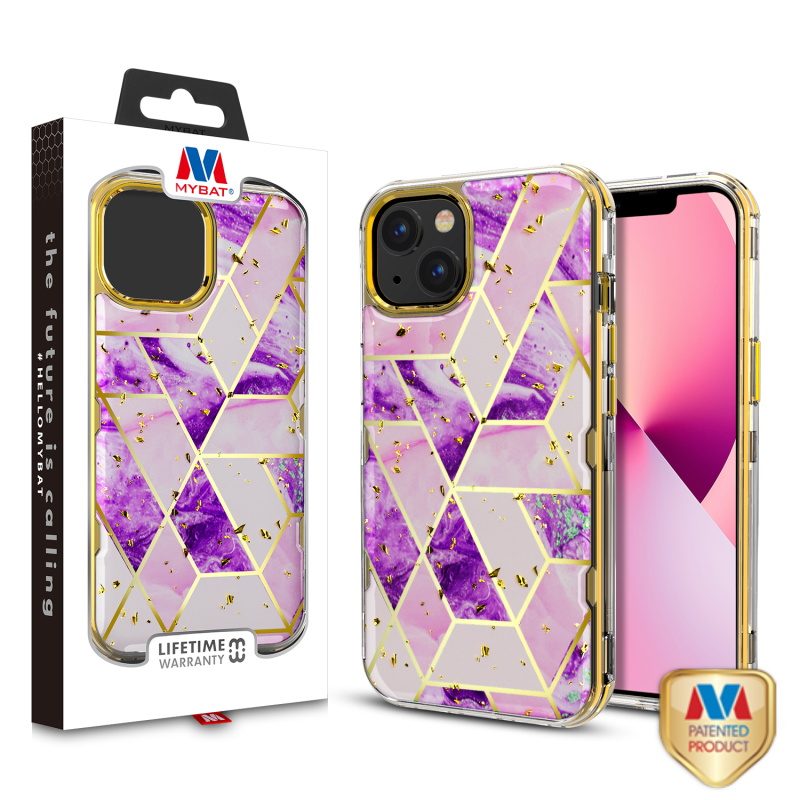 Picture of MyBat TUFF Kleer Hybrid Case for Apple iPhone 13 (6.1) - Electroplated Purple Marble / Electroplating Gold
