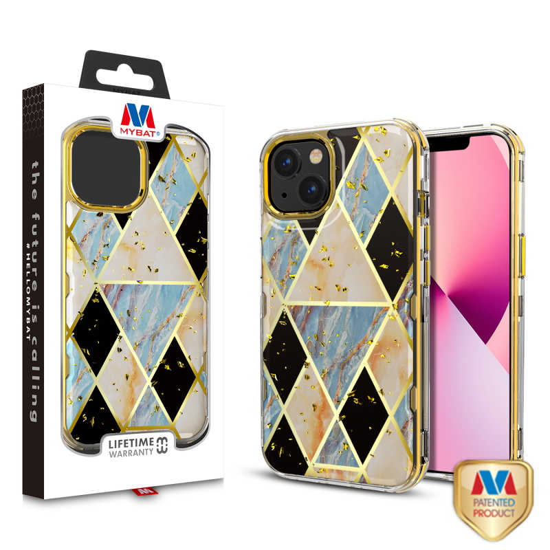 Picture of MyBat TUFF Kleer Hybrid Case for Apple iPhone 13 (6.1) - Electroplated Blue Marble / Electroplating Gold
