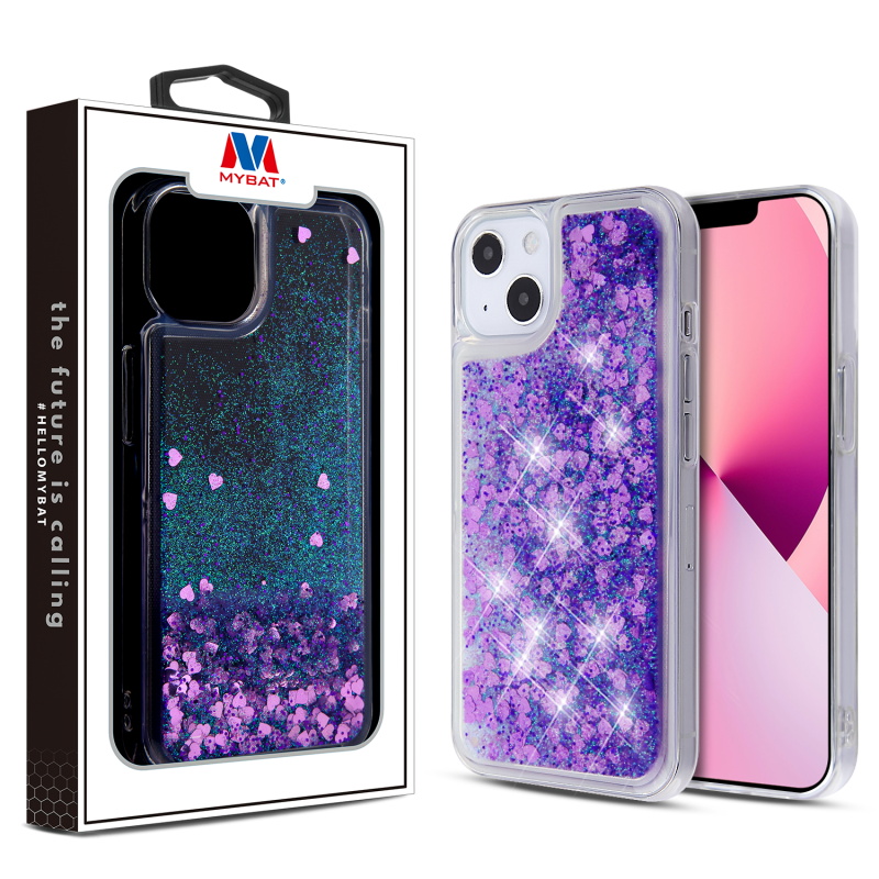Picture of MyBat Quicksand Glitter Hybrid Protector Cover for Apple iPhone 13 (6.1) - Hearts & Purple