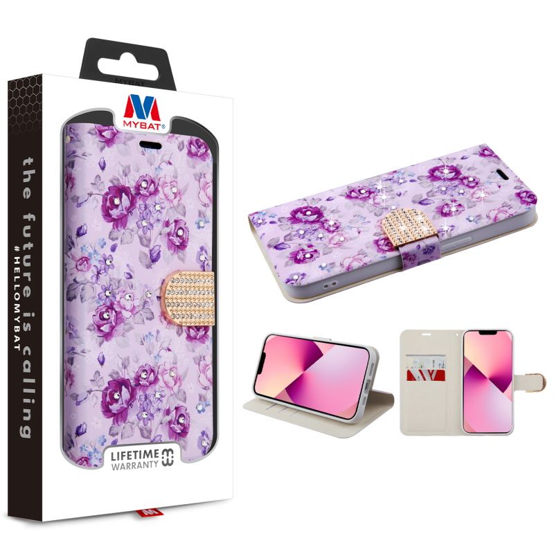 Picture of MyBat MyJacket Wallet Diamond Series for Apple iPhone 13 (6.1) - Fresh Purple Flowers
