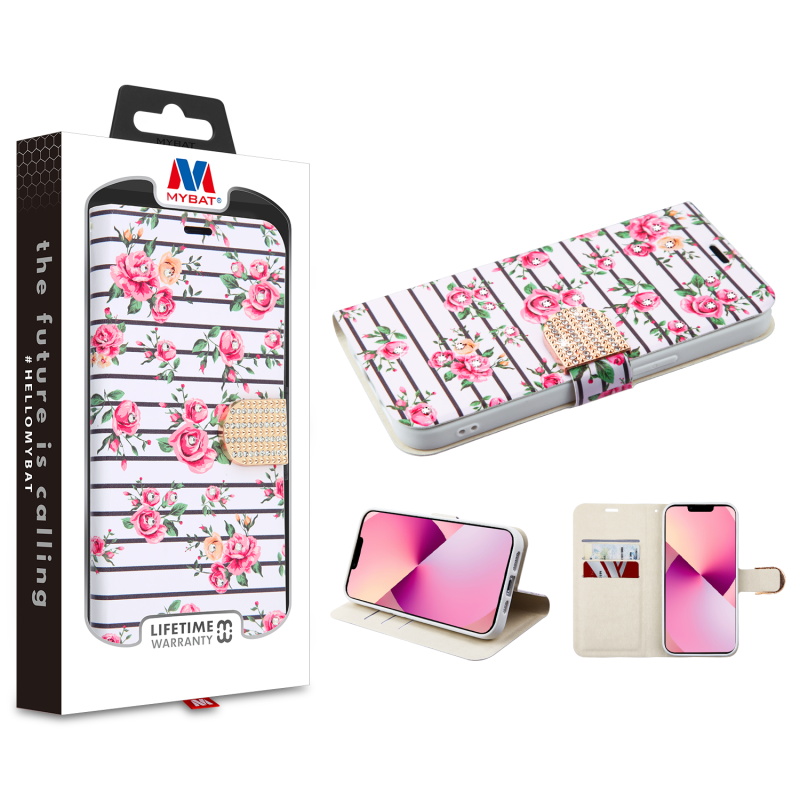 Picture of MyBat MyJacket Wallet Diamond Series for Apple iPhone 13 (6.1) - Pink Fresh Roses