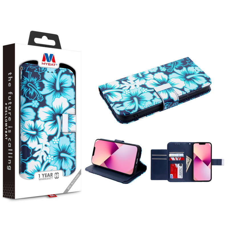Picture of MyBat MyJacket Wallet Xtra Series with RFID Blocking for Apple iPhone 13 (6.1) - Blue Hibiscus