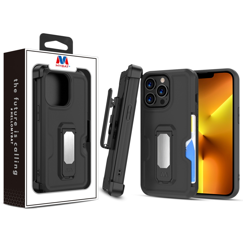 Picture of MyBat Grip Stand Protector Case Combo (with Black Holster)(with Card Wallet) for Apple iPhone 13 Pro (6.1) - Black / Black