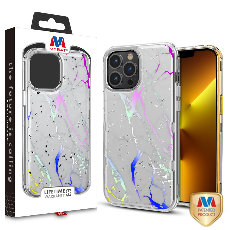 Picture of MyBat TUFF Kleer Hybrid Case for Apple iPhone 13 Pro (6.1) - White Marbling / Electroplating Silver