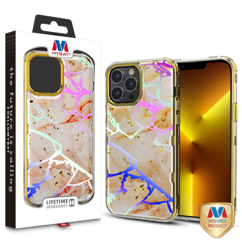 Picture of MyBat TUFF Kleer Hybrid Case for Apple iPhone 13 Pro (6.1) - Pale Yellow Marbling / Electroplating Gold