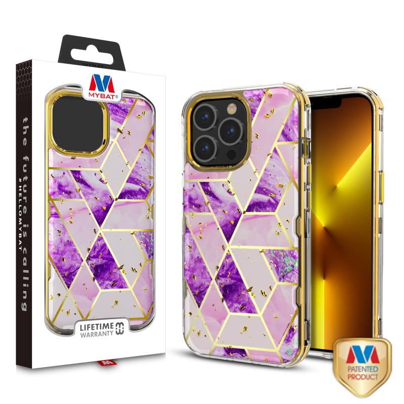 Picture of MyBat TUFF Kleer Hybrid Case for Apple iPhone 13 Pro (6.1) - Electroplated Purple Marble / Electroplating Gold