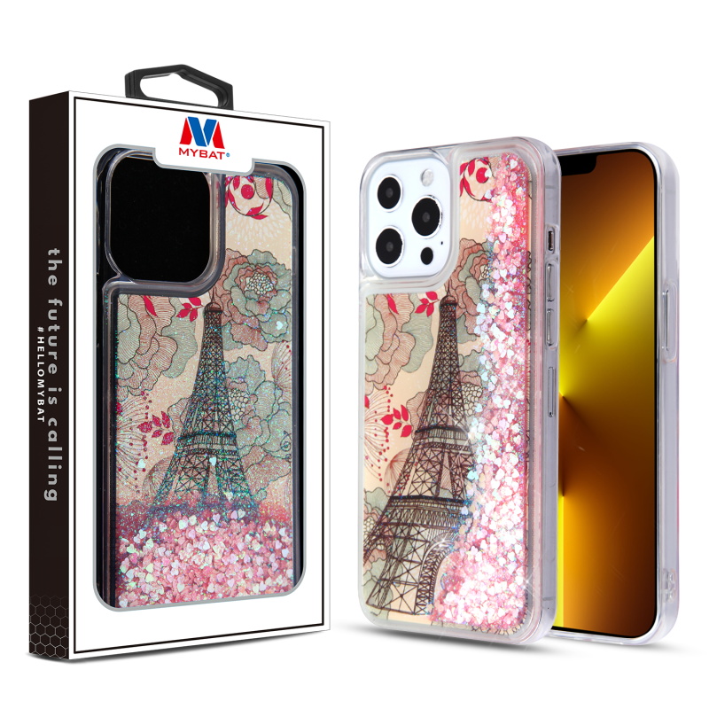 Picture of MyBat Quicksand Glitter Hybrid Protector Cover for Apple iPhone 13 Pro (6.1) - Eiffel Tower & Pink Hearts
