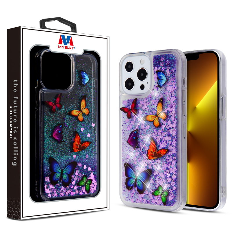 Picture of MyBat Glitter Hybrid Protector Cover for Apple iPhone 13 Pro (6.1) - Butterfly Dancing & Purple Quicksand (Hearts)