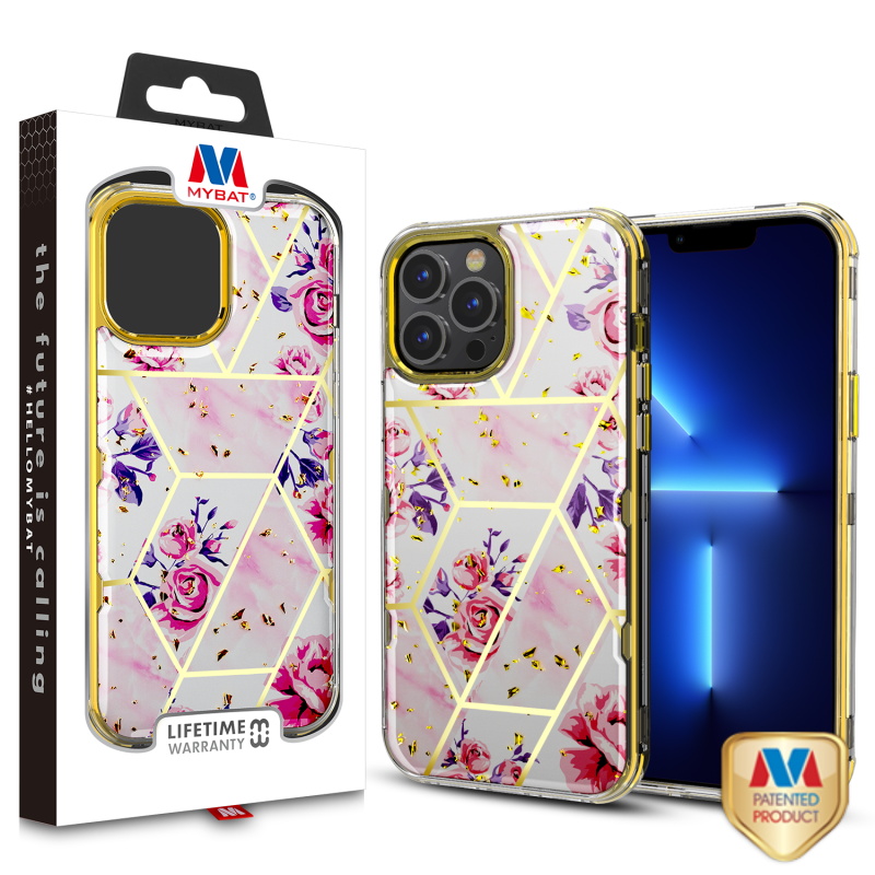 Picture of MyBat TUFF Kleer Hybrid Case for Apple iPhone 13 Pro Max (6.7) - Electroplated Roses Marble / Electroplating Gold