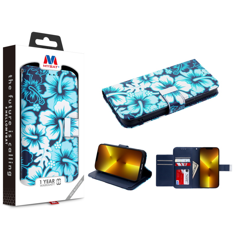 Picture of MyBat MyJacket Wallet Xtra Series with RFID Blocking for Apple iPhone 13 Pro (6.1) - Blue Hibiscus