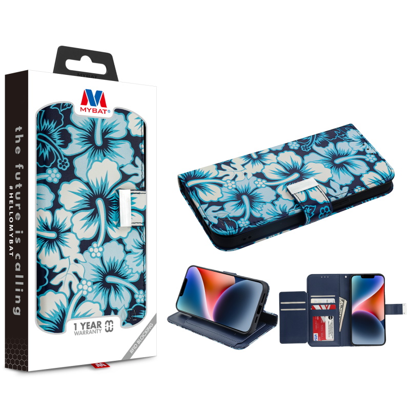 Picture of MyBat MyJacket Wallet Xtra Series with RFID Blocking for Apple iPhone 14 (6.1) - Blue Hibiscus