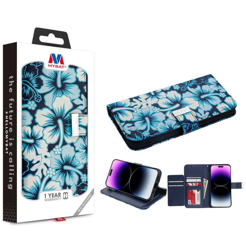 Picture of MyBat MyJacket Wallet Xtra Series with RFID Blocking for Apple iPhone 14 Pro (6.1) - Blue Hibiscus
