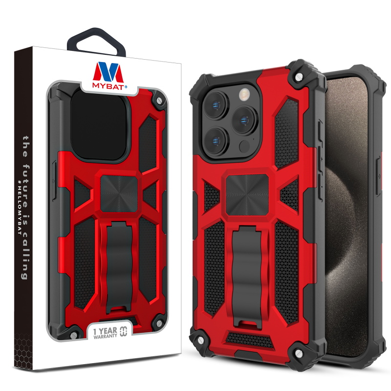 Picture of MyBat Sturdy Hybrid Protector Cover (with Stand) for Apple iPhone 15 Pro Max (6.7) - Red / Black