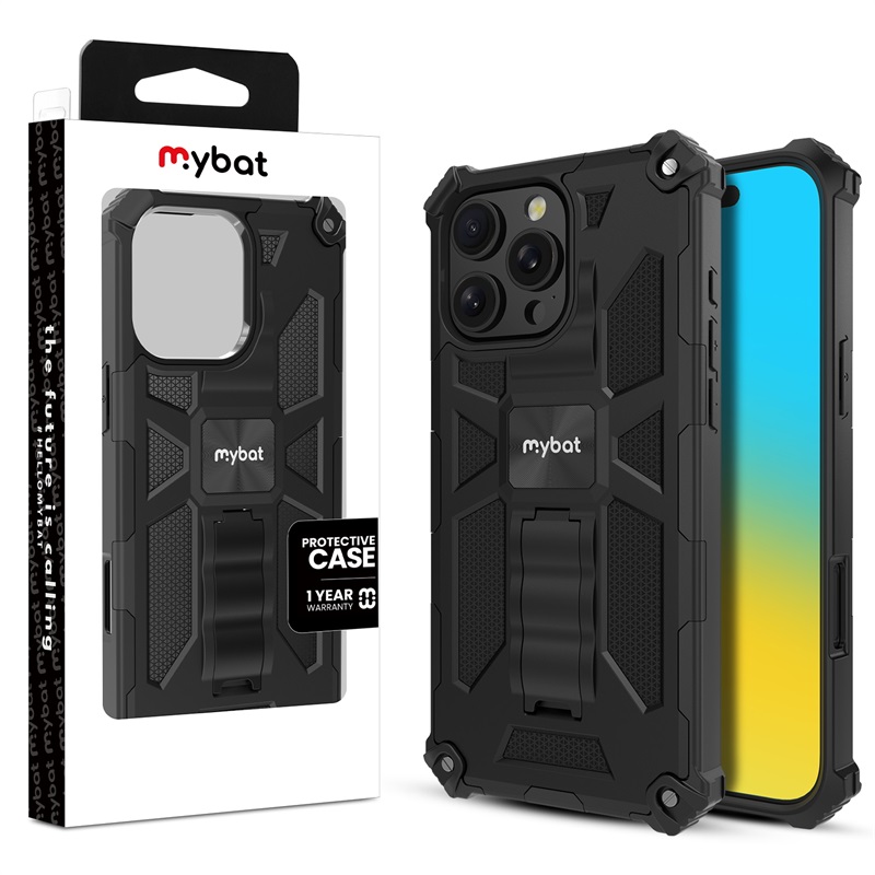 Picture of MyBat Sturdy Hybrid Protector Cover (with Stand) for Apple iPhone 16 Pro Max - Black / Black