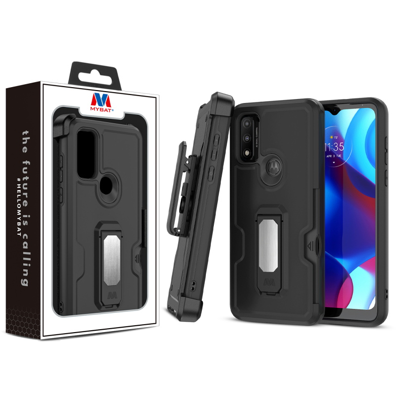 Picture of MyBat Grip Stand Protector Case Combo (with Black Holster)(with Card Wallet) for Motorola Moto G Pure / Moto G Power (2022) - Black / Black