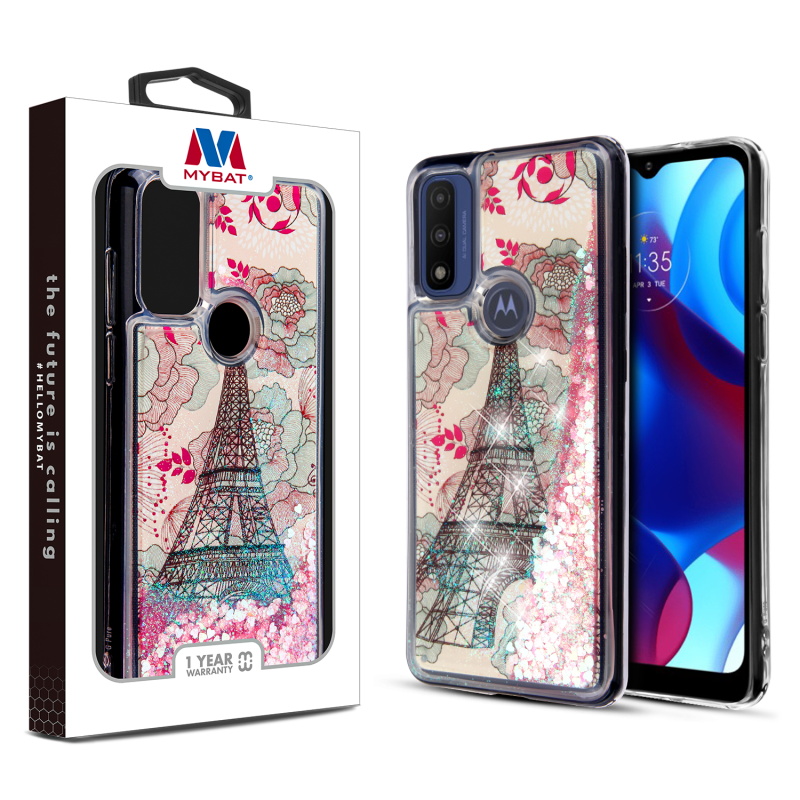 Picture of MyBat Quicksand Glitter Hybrid Protector Cover for Motorola Moto G Pure / Moto G Power (2022) - Eiffel Tower & Pink Hearts