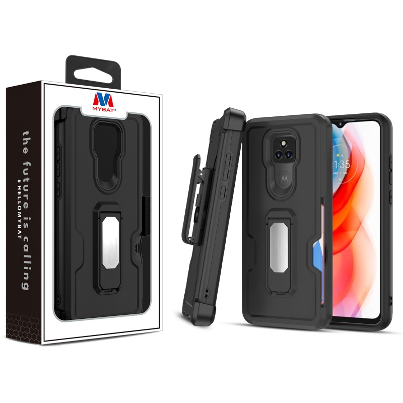 Picture of MyBat Grip Stand Protector Case Combo (with Black Holster)(with Card Wallet) for Motorola Moto G Play (2021) - Black / Black