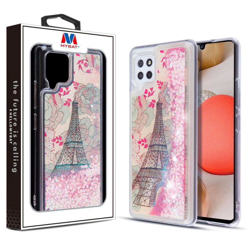Picture of MyBat Quicksand Glitter Hybrid Protector Cover for Samsung Galaxy A42 5G - Eiffel Tower & Pink Hearts