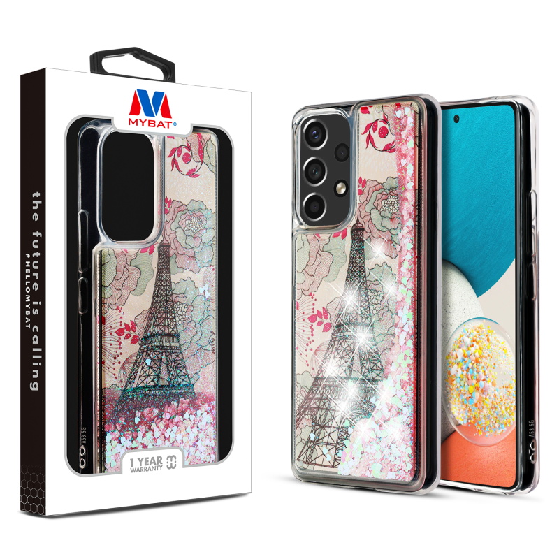 Picture of MyBat Quicksand Glitter Hybrid Protector Cover for Samsung Galaxy A53 5G - Eiffel Tower & Pink Hearts