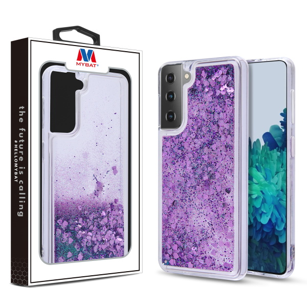 Picture of MyBat Quicksand Glitter Hybrid Protector Cover for Samsung Galaxy S21 Plus - Hearts & Purple