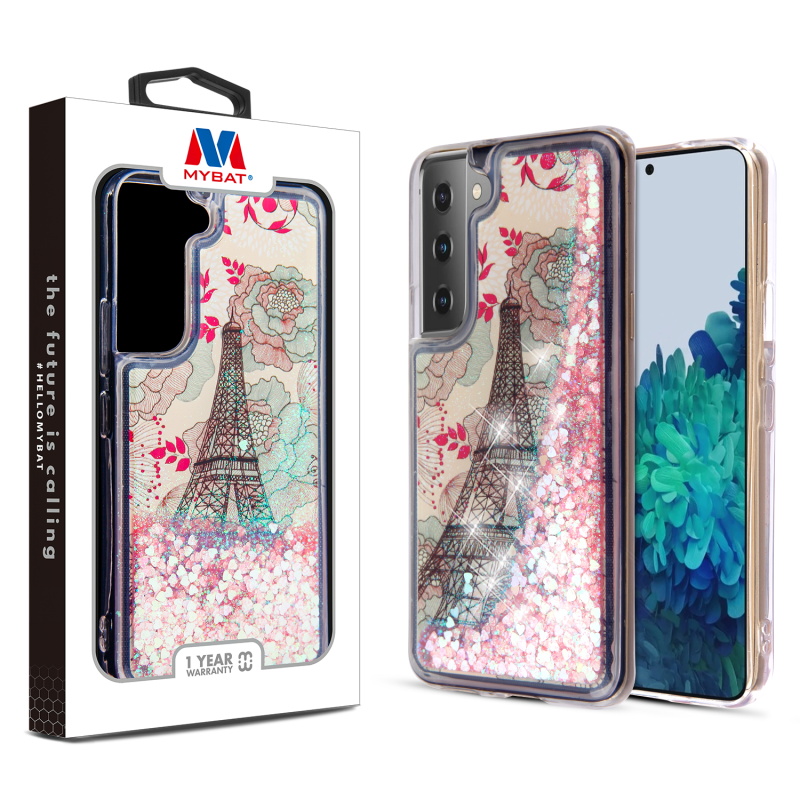 Picture of MyBat Quicksand Glitter Hybrid Protector Cover for Samsung Galaxy S22 - Eiffel Tower & Pink Hearts